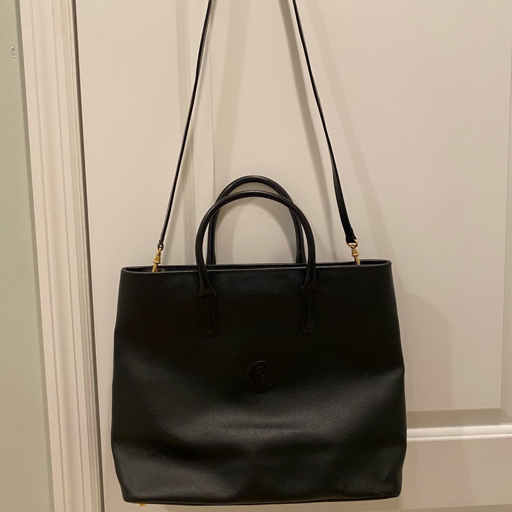 Trussardi Black Leather Tote With Shoulder Strap